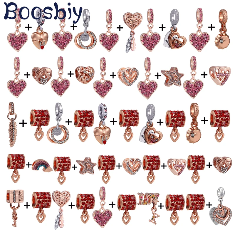 

2Pcs/Lot Rose Gold Handdrawn Heart & Red Passionate Love Bead With Pendant Fit DIY Charm Bracelet Jewelry For Women Gift