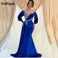 sodigne royal blue evening dress off the shoulder long puffy sleeves mermaid arabic prom gown sliver beads party dress