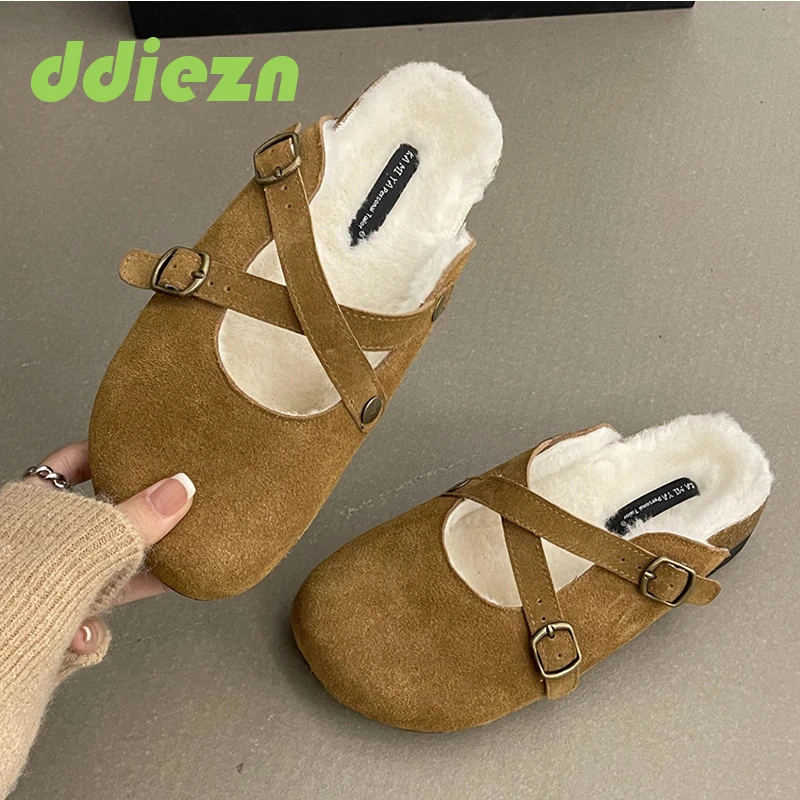 

Warm Women Slippers Shoes Round Toe Slides Spring Cross Buckle Ladies Footwear New In Fashion Outdoor Furry Female Shoes