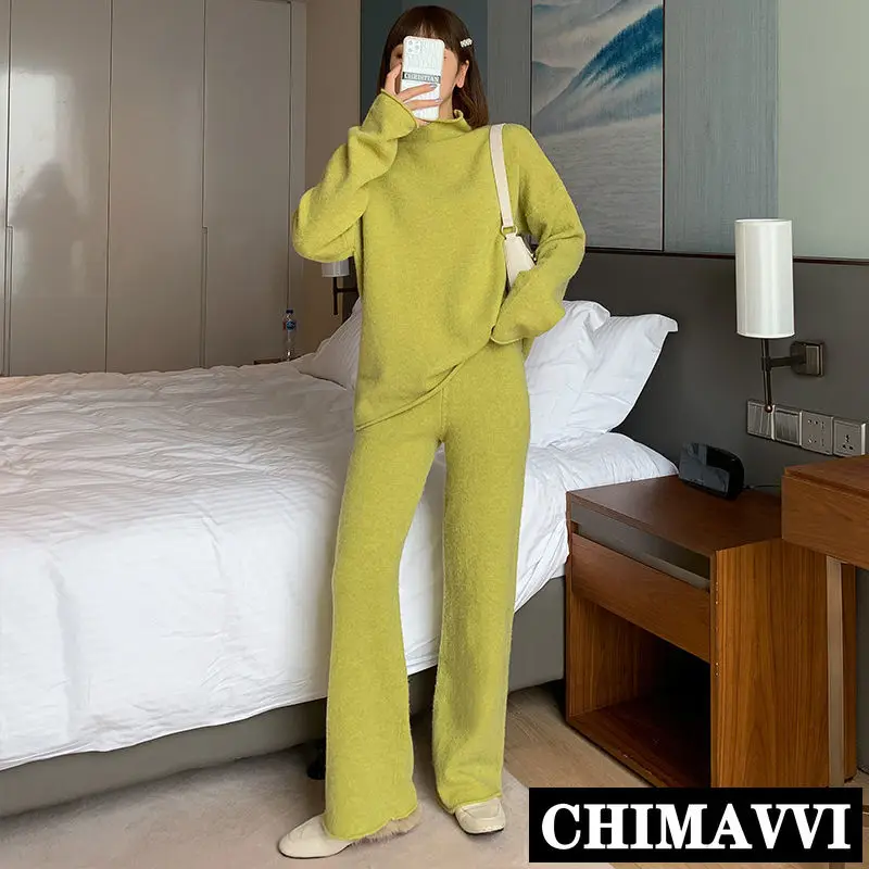 

Knitted Suit Autumn 2020 New Women's Loose High Collar Pullover Sweater Knit Pants Two Piece Set Casual Outfits Winter Clothes