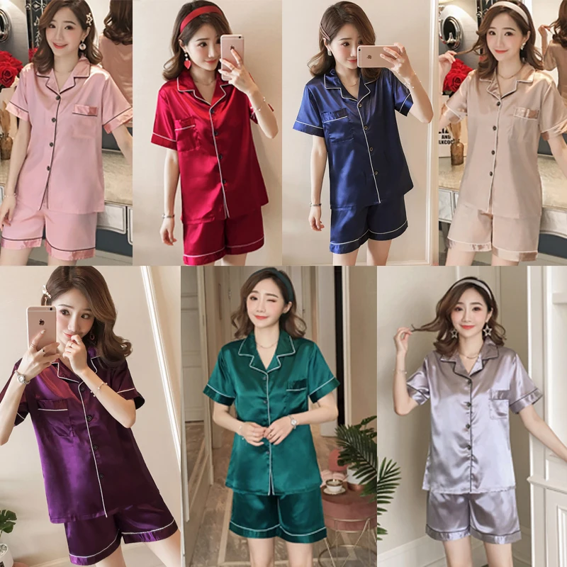 

Spring Summer Women Pajamas Silk Satin Pyjama Sets Short Sleeve Two Piece Sleepwear Top Pyjamas Set New Homewear 4XL 5XL