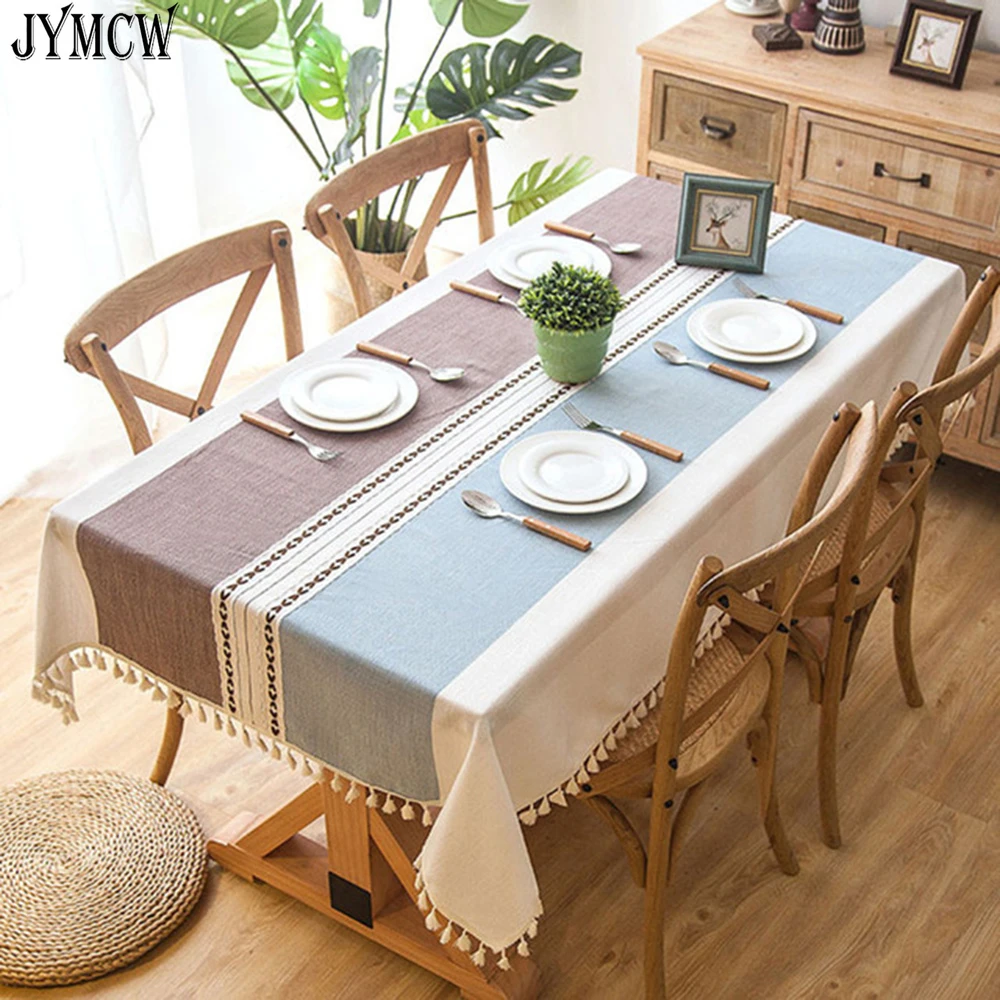 

Plaid Decorative Linen Tablecloth With Tassel Waterproof Oilproof Thick Rectangular Wedding Dining Table Cover Tea Cloth