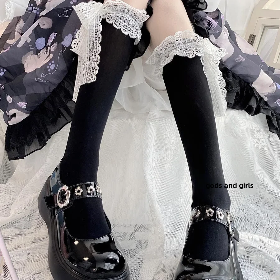 Короткие колготки в японском стиле Лолита с бантом и цветами женские белые милые