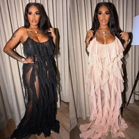 tutu dresses women 2021 sling o neck cascading ruffle patchwork see through sexy party clubwear backless dress plus size