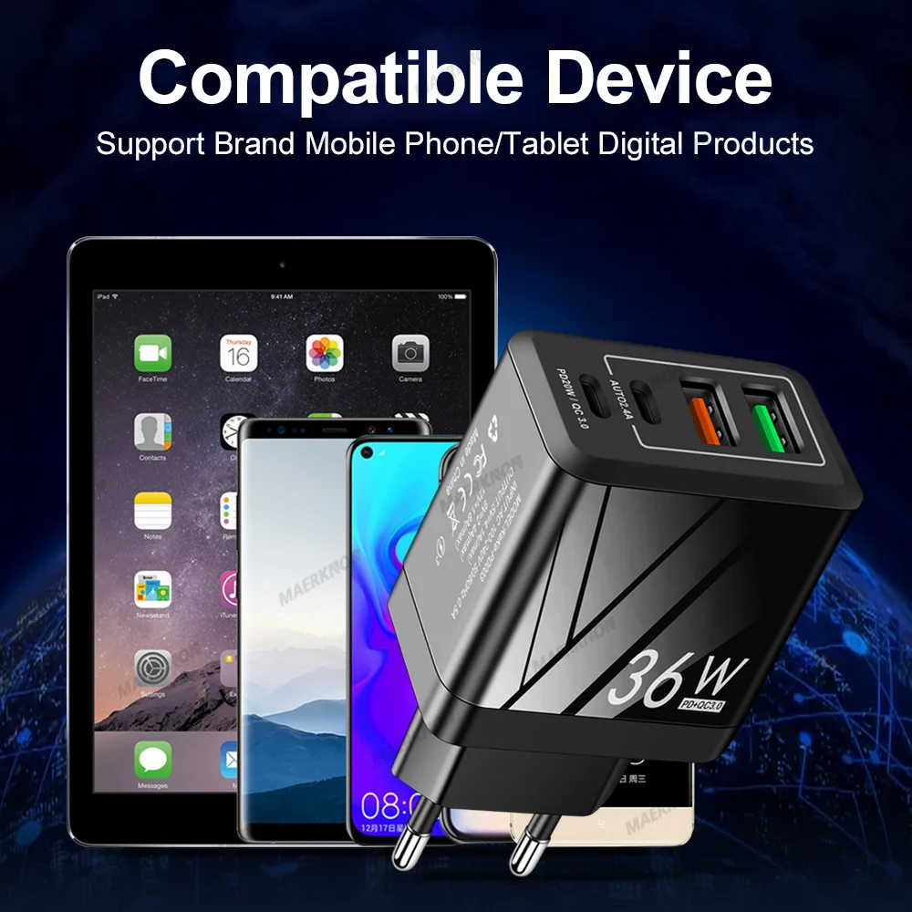 36W 2USB 2Type-C Fast Charger Quick Charge For iPhone 14 13 Pro Samsung S21 20 Xiaomi Huawei P50 40 Phone Adapter Wall Charger