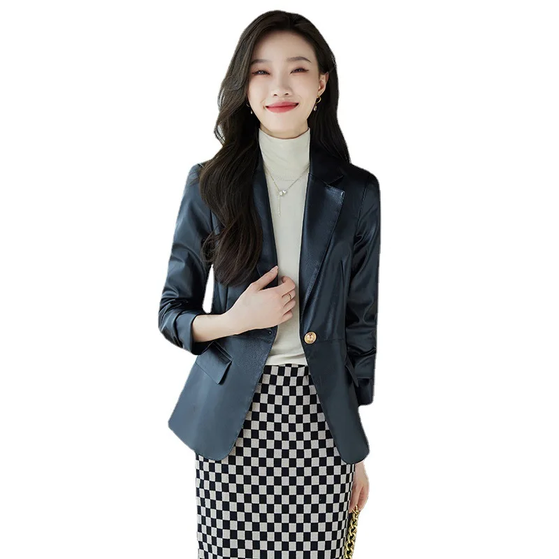 Red Leather Suit Jacket Women's Short Autumn High-class Slim Casual Leather Suit Formal Office Lady  Single Button Suit  Suede