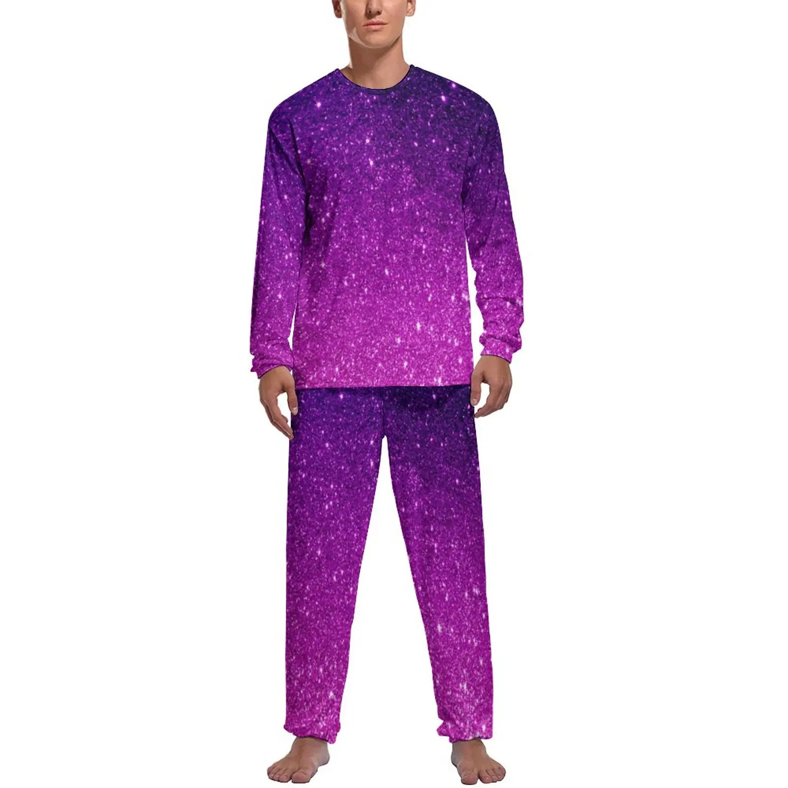 Glitter Ombre Print Pajamas Mens Magical Purple Trendy Sleepwear Autumn Long Sleeves 2 Pieces Leisure Graphic Pajamas Set
