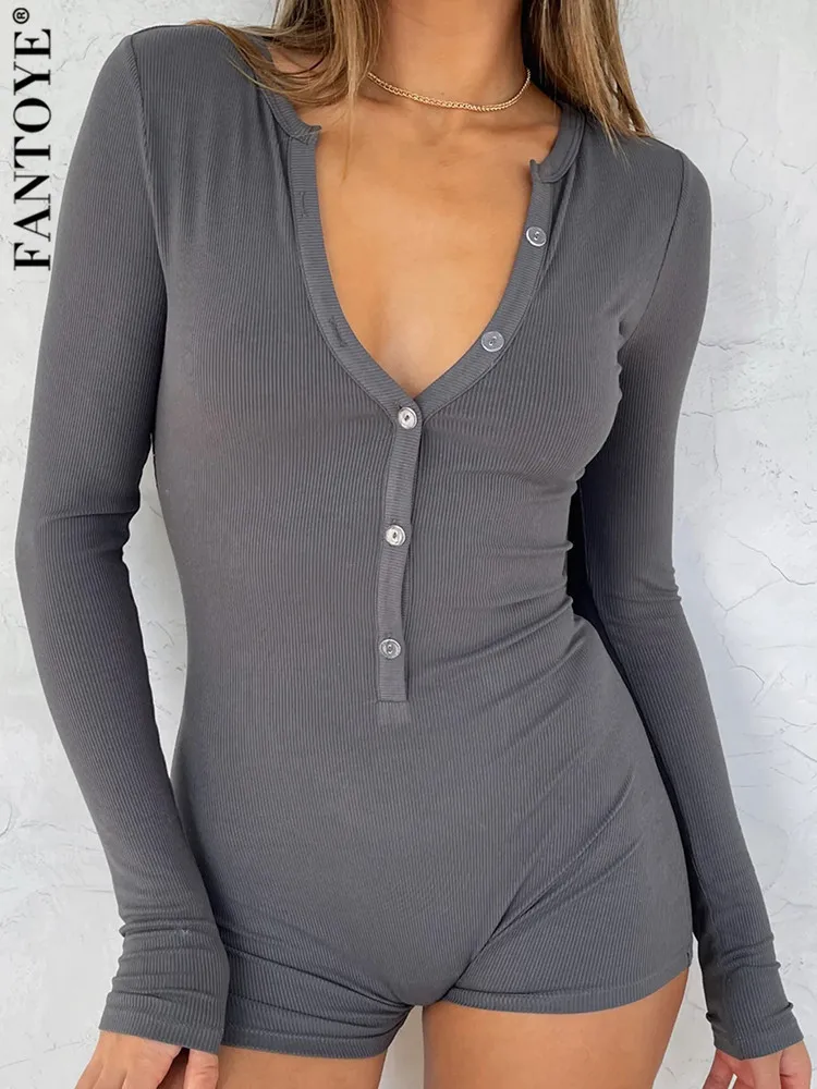 

Fantoye 2023 Hot Ribbed Rompers For Autumn Women Gray Long Sleeve Skinny Playsuit Sexy V-neck Basic Overalls Short Jumpsuit New