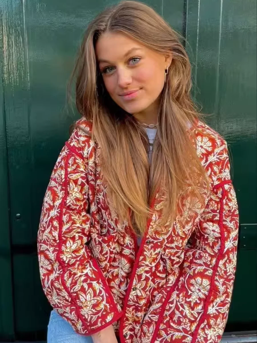 

Floral Print Buttons Pockets Coat Woman Long Sleeve Round Neck Cotton Casual Streetwear Vintage Autumn Winter Outewear