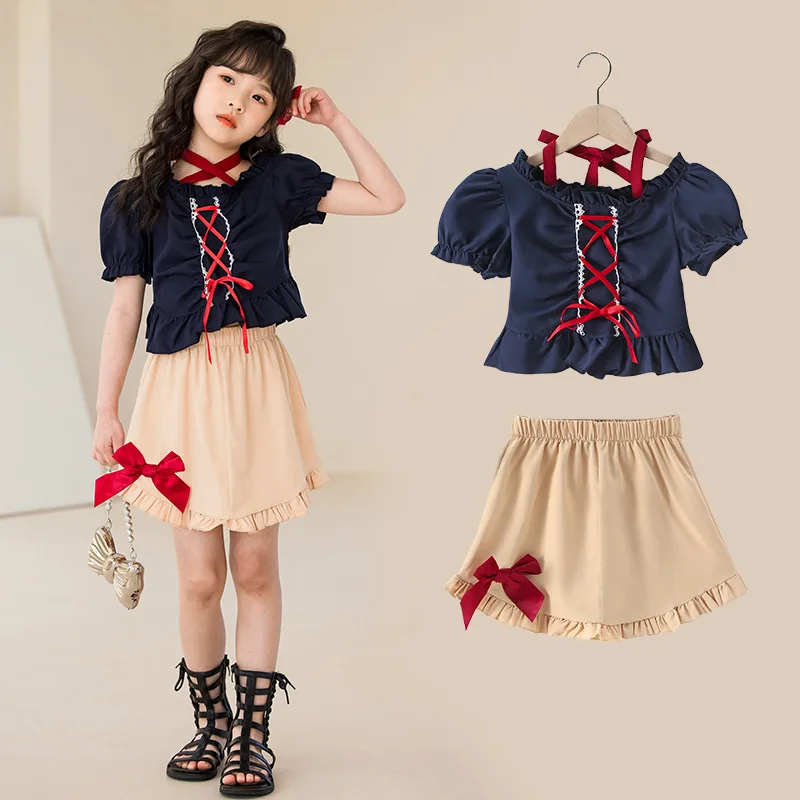 

Girls' suit 2023 summer new Korean short-sleeved short skirt two-piece girls' bow suit trend