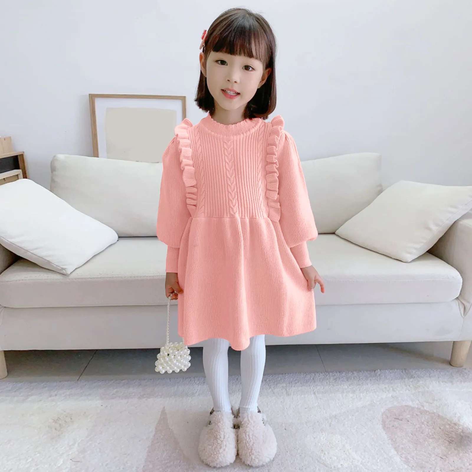 

Toddler Girls Long Sleeve Knit Solid Color Ruffled Flying Sleeve Knit Sweater Dress Princess Dress Xmas Vestido