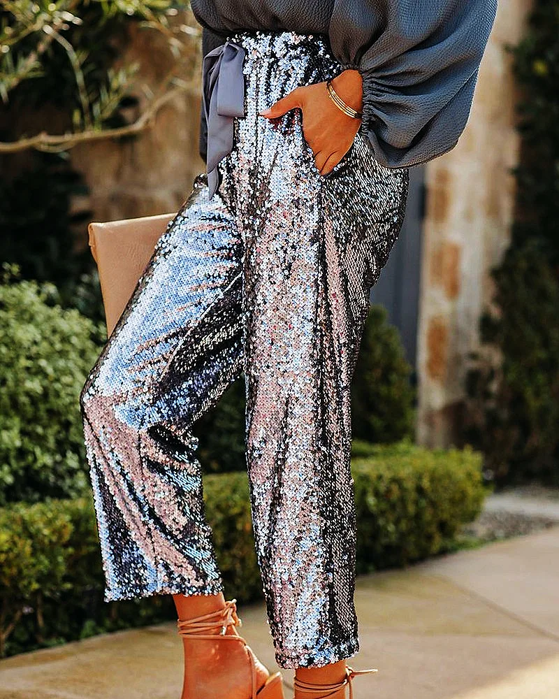 

Sequine Sexy Flare Pants Party Women Fashion 2022 Spring Y2k High Waist Silver Glitter Black Long Trousers