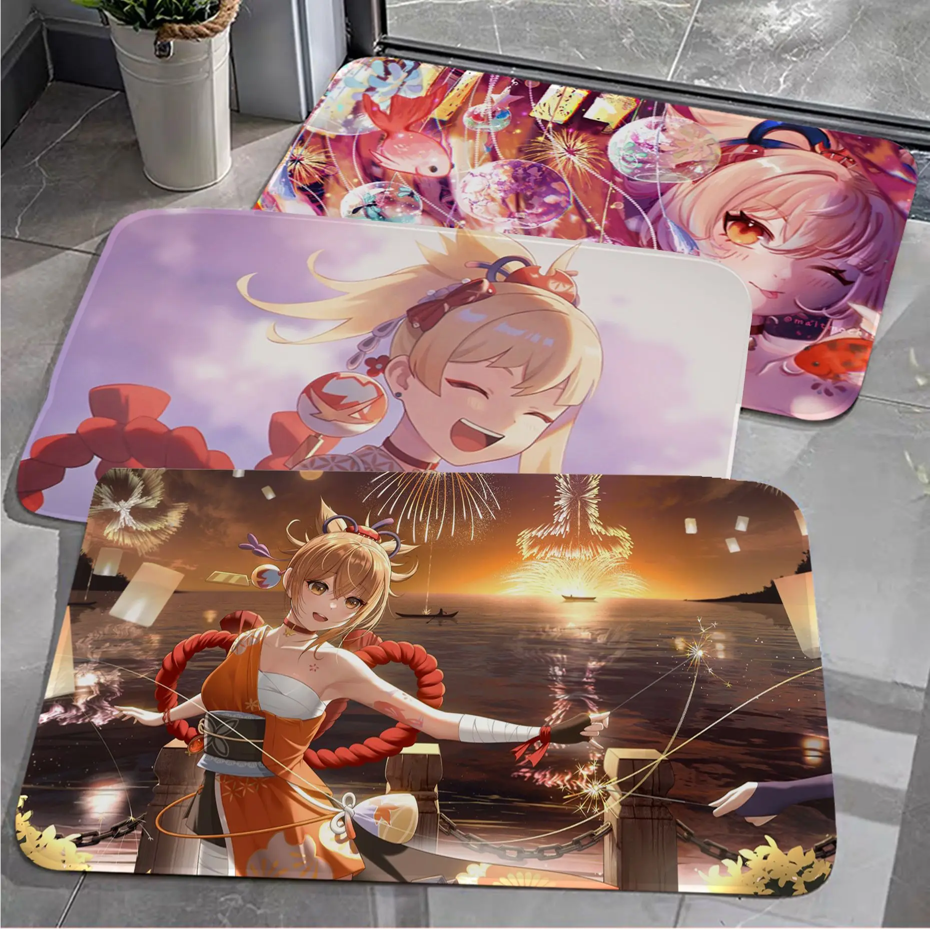 

Yoimiya Genshin Impact Printed Flannel Floor Mat Bathroom Decor Carpet Non-Slip For Living Room Kitchen Bath Mats Doormat
