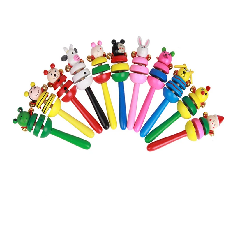 1Pc Colorful Animal Rattle Infant Baby Kids Handbells Musical Developmental Educational Wooden Funny Gamdes Toys Bed Bells