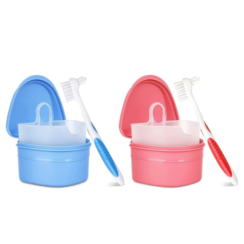 

Denture Bath Case Cup with Brush Dental Tooth Box Holder Storage Soak Container