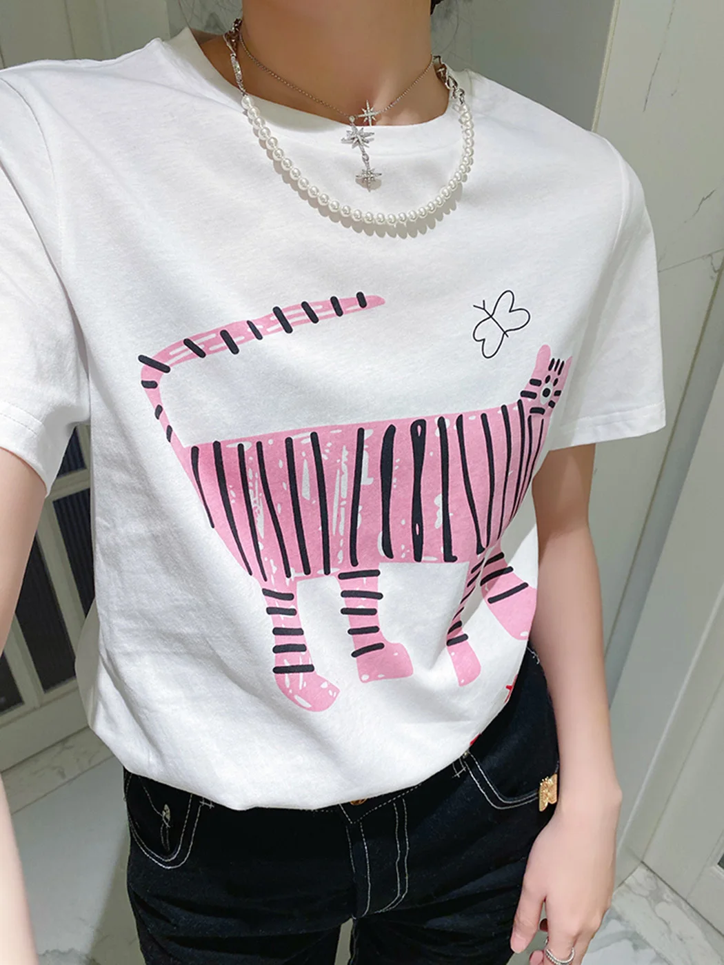 Tiger Cartoon Graphic T-Shirts Woman Summer Cotton Cozy Chic Tshirts Tops Femme Casual Vinatge Fashion Tee Shirts Clothes 2022