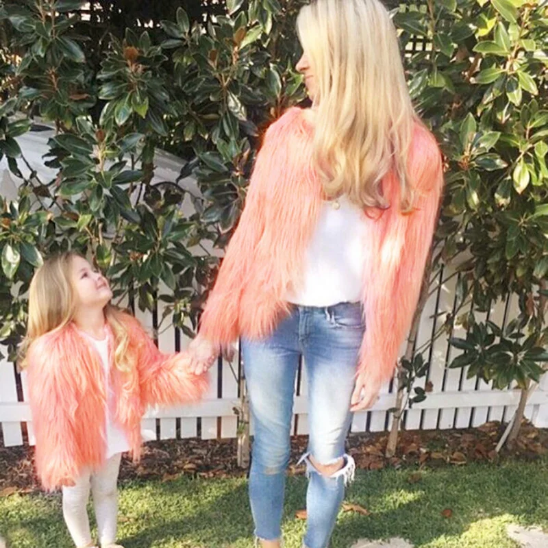 Faux Fur Coat Women Family Matching Clothing Mother Daughter Tassels Fleece Jacket Autumn Winter Thick Warm Vintage Top