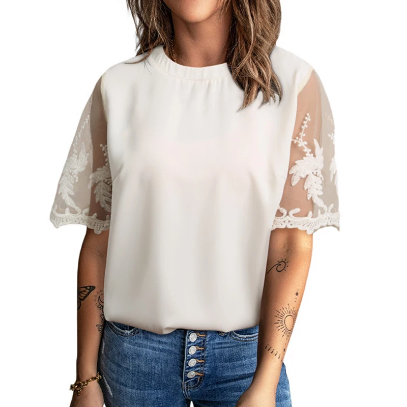 

Summer Top O-Neck Lace Stitching Shirt Solid Loose Embroidery Blouse Casual Short Sleeve Chiffon Blouse Women Elegant 25104