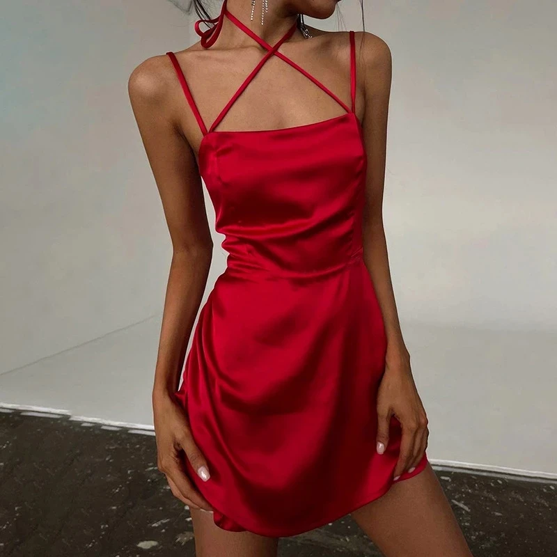 

new Lace Up Women A Line Satin Strap Mini Dress Backless Sexy Party Elegant Club Festival Summer Clothes vestido clothes vestido