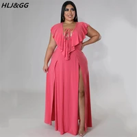 hljgg elegant lady ruffle design maxi dress women deep v lace up sleeveless dress plus size sexy high slit clothes vestidos 5xl
