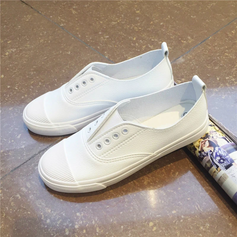 

Fashion Korean White Shoes Woman Female Faux Leather Slip on Shoes School Non-slip Rubber Sole Flat Low Heel Vulcanized Shoes