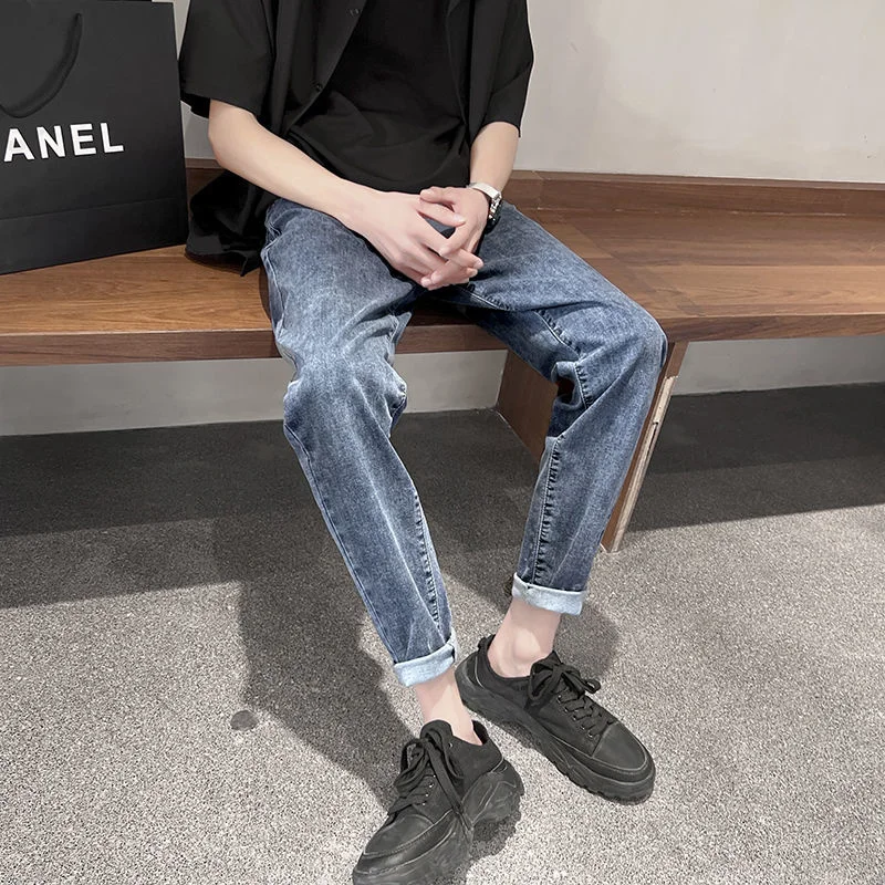 

Варенные джинсы для мужчин, повседневные универсальные модные облегающие брюки-карандаш, синие и серые износостойкие джинсовые брюки оверсайз на весну и лето