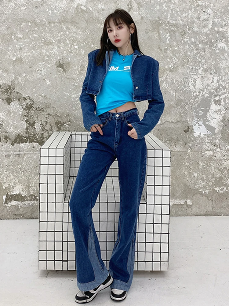 CHICEVER Solid Color Denim Two Piece Sets For Female Lapel Collar Long Sleeve Cropped Top With High Waist Pant Women's Set Style enlarge