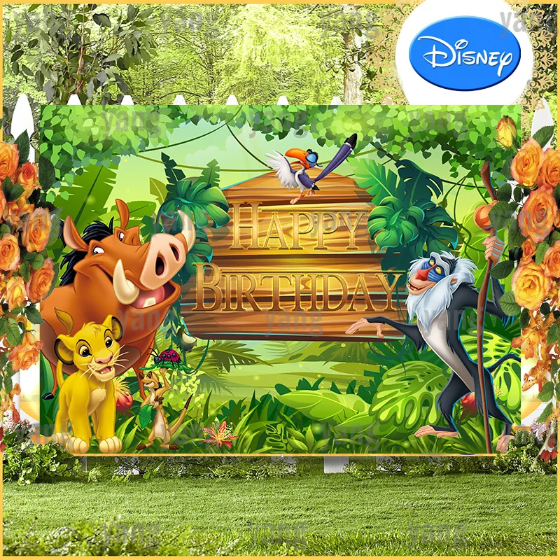 

Cartoon Disney Lion King Lovely Simba Pumbaa Zazu Hornbill Timon Rafiki Birthday Party Jungle Backdrop Photography Background