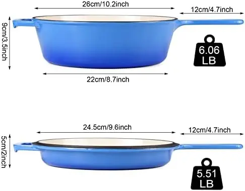 

Cast Iron 2-In-1 Skillet Set, Heavy Duty 3.2 Quart Enamel Cookware Pot and Lid Set, Deep Saucepan and Shallow Skillet Dutch Oven