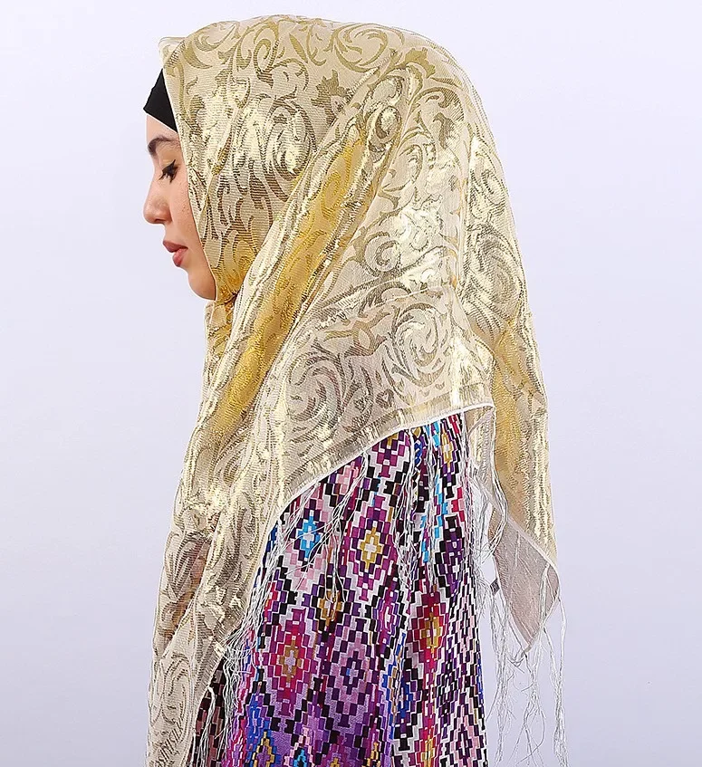 Мусульманский квадратный шарф 85 см * из натурального шелка с бахромой