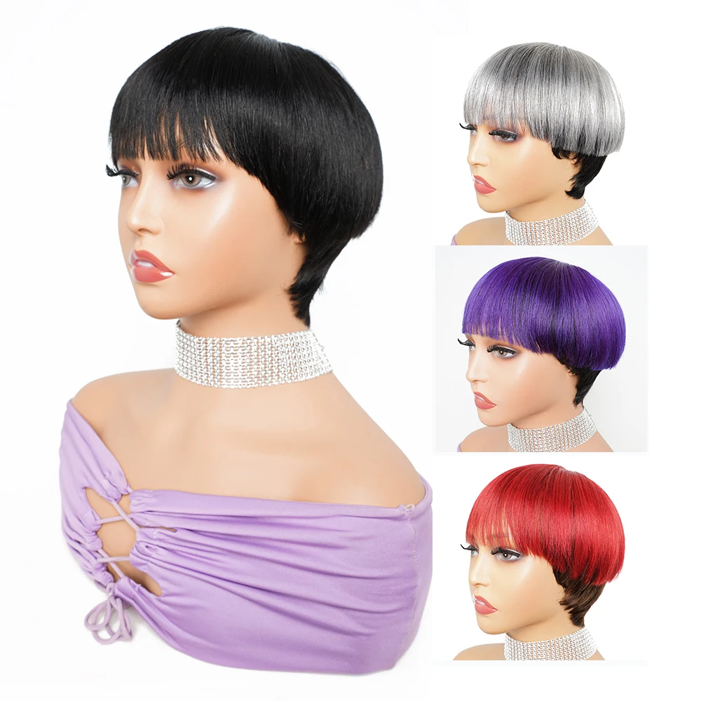 Bowl Cut Full Machine Made Wigs Black 1B/Grey 1B/Purple 1B #530 1B/Red Remy Indian Human Hair Wig Pixie Mushroom Glueless Wig