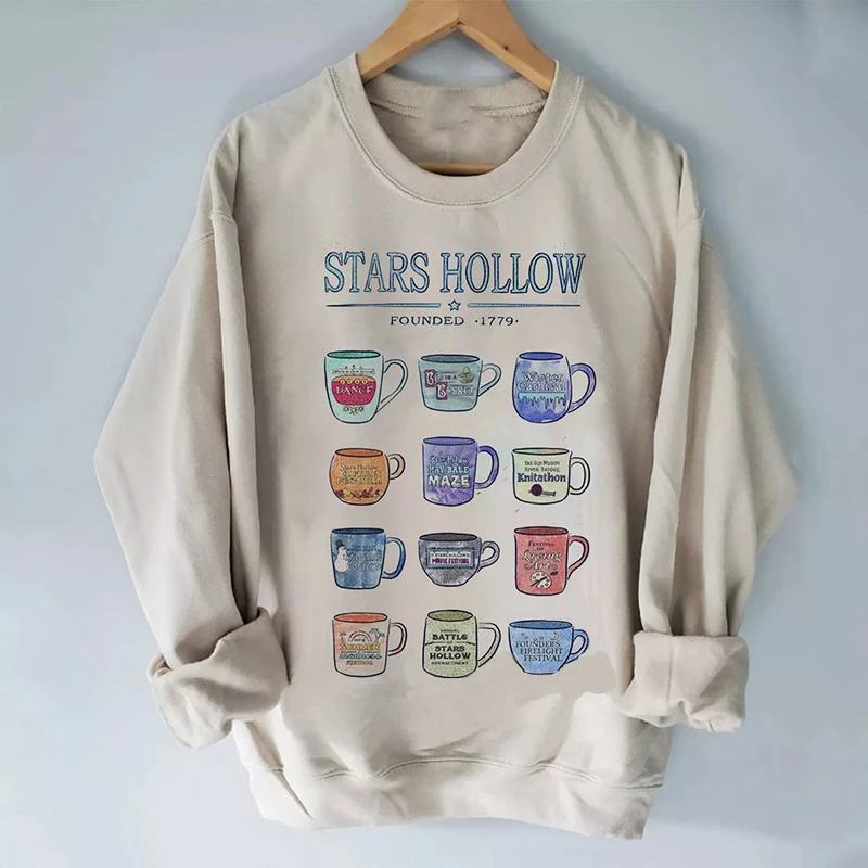 

Rheaclot Mugs of Stars Hollow Annual Events Print Women's Retro Vintage Cotton Long Sleeves Sweatshirt