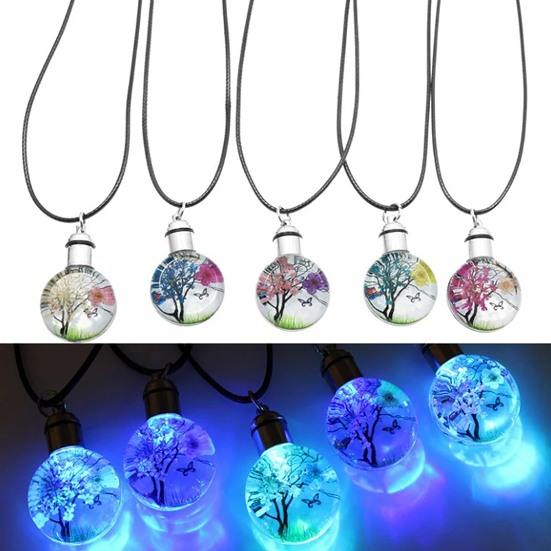 

New Luminous Dried Flower Butterfly Glass Ball Women Necklace Pendant Rope Chain Necklace for Women Strip Leather Choker