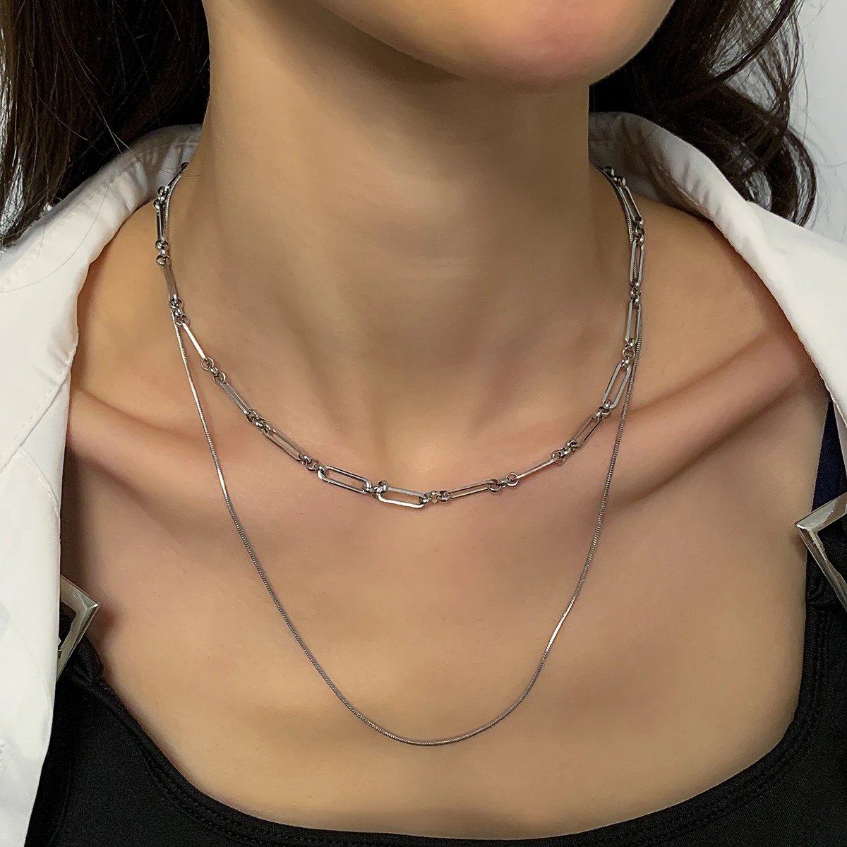 

Lacteo Simple Stainless Steel Double Layers Chain Necklace Chokers Women Minimalist Punk Jewelry On The Neck Collar Party Girls
