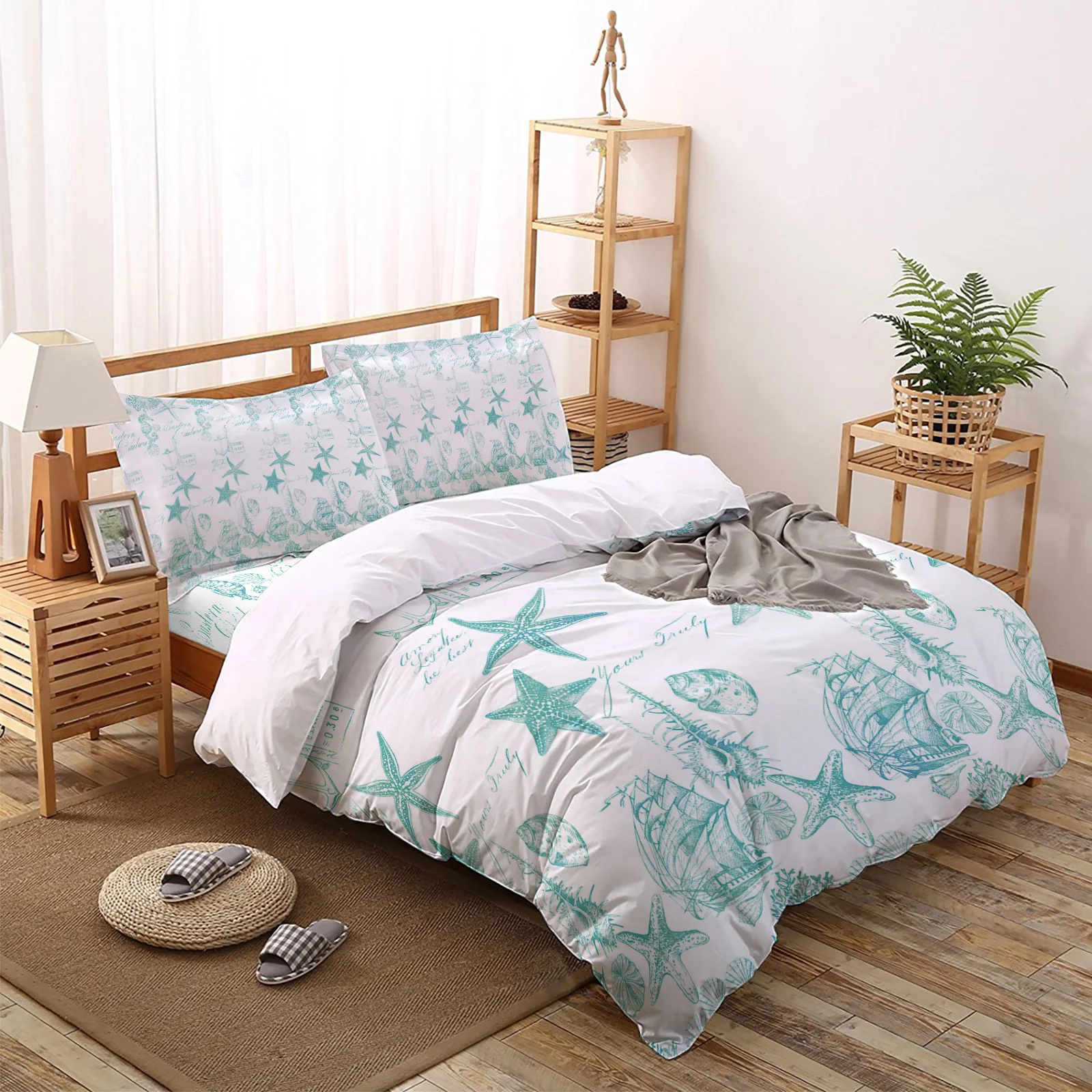 Aqua Ocean Starfish Shell Coral Vessel Texture Comfortable Household Goods Bedroom Bed Luxury Duvet Cover 2/3/4 Pieces | Дом и сад