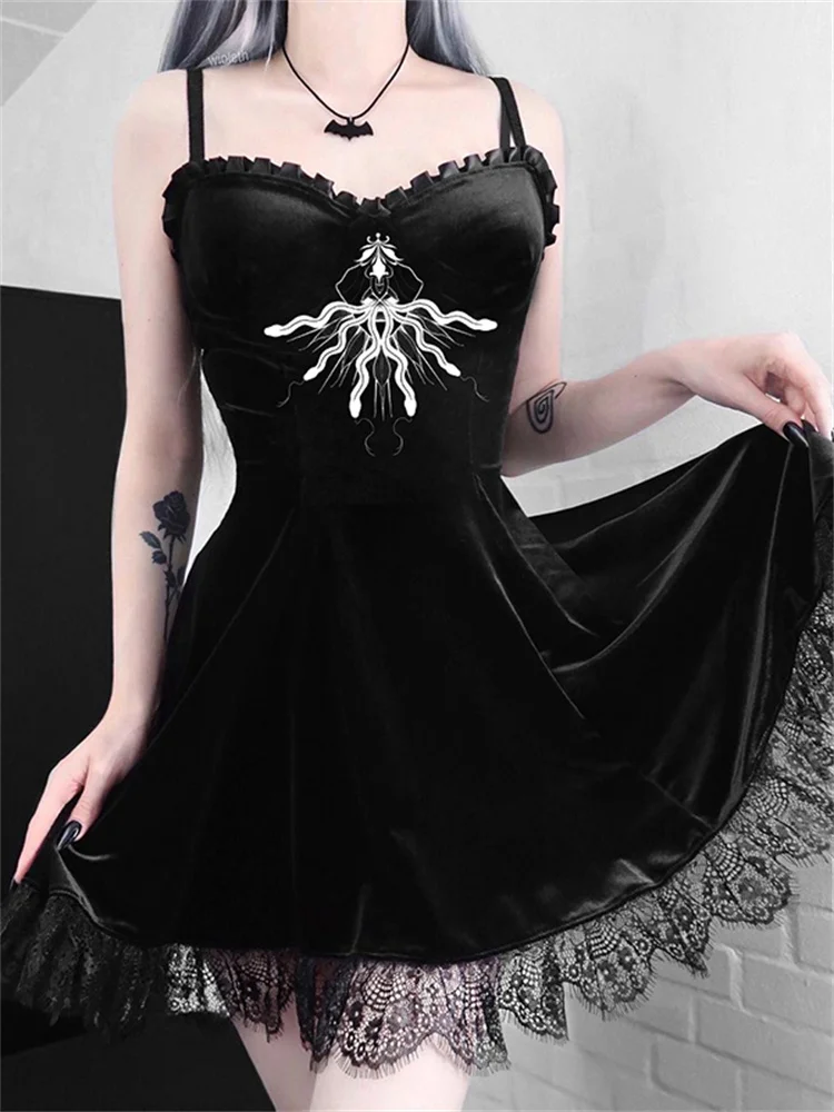 

Dark Vintage Dress Animal Embroidery Gothic Bodycon Solid Velvet Lace Hollow Out Dress Hem Slim Spaghetti Straps Women Clothes