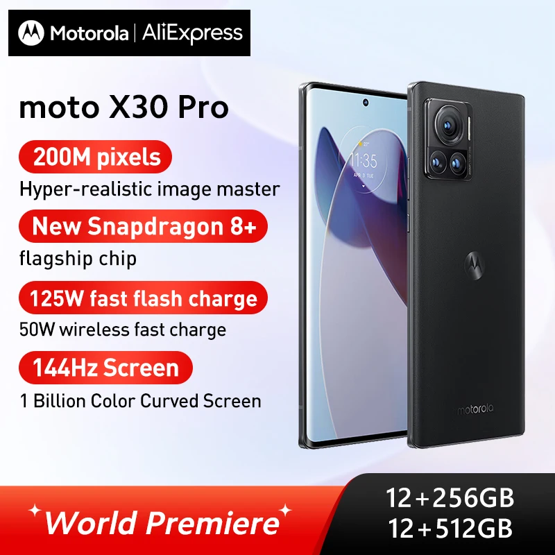Original Motorola moto X30Pro 5G 200MP Triple Camera Dolby ATMOS Snapdragon8+ Gen1 4nm Chip 144hz Screen 125W Fast Charge NFC