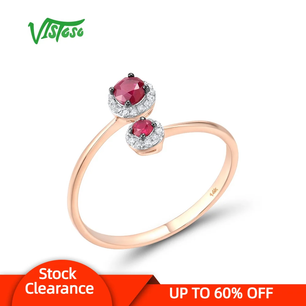 

VISTOSO Genuine 14K 585 Rose Gold Rings For Women Sparkling Ruby Diamond Rings Simple Style Delicate Trendy Fine Gifts Jewelry