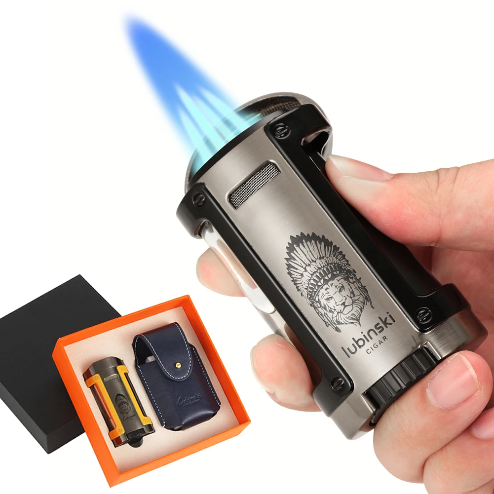 Windproof 4 Jet Gas Cigar Lighter Top Cigar Holder Smoking G