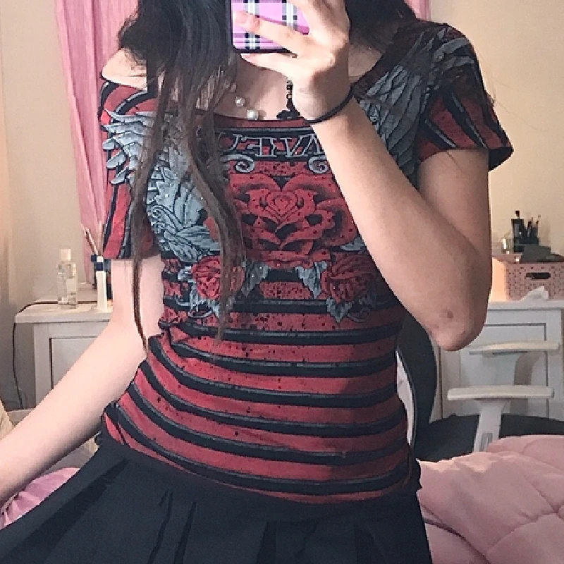 

Dourbesty винтажные эстетические футболки женские короткие топы с коротким рукавом Футболка для девушек уличная одежда в стиле 1920-х панк готиче...