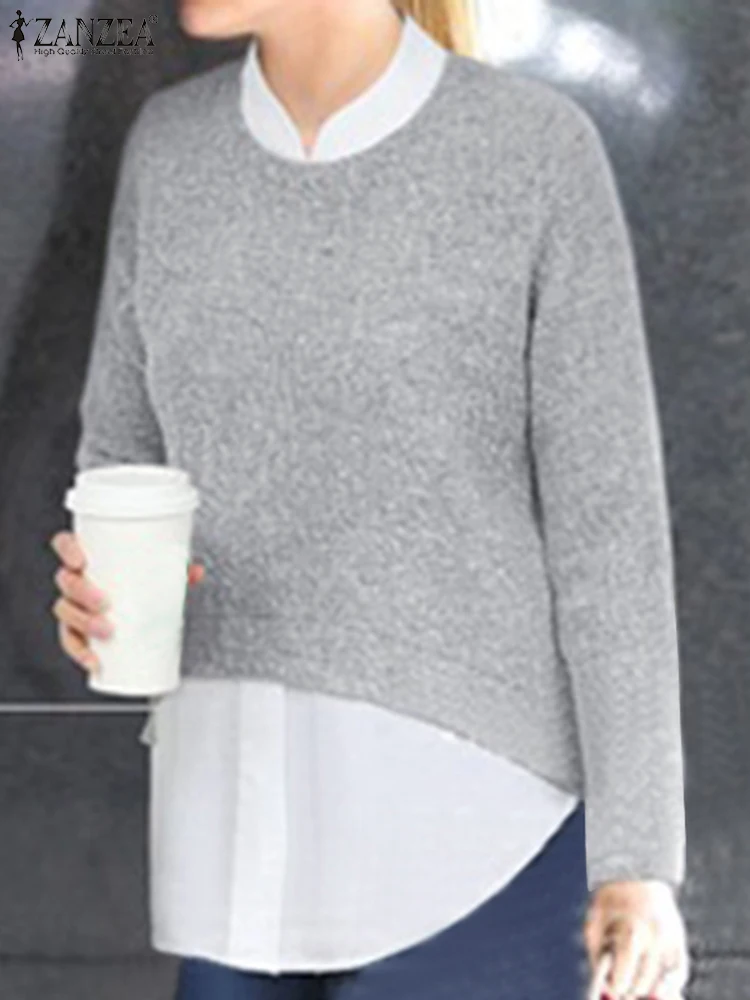 

Свитшот ZANZEA женский в стиле Харадзюку, модный однотонный топ в стиле пэчворк, пуловер с длинным рукавом, большие размеры, весна-осень