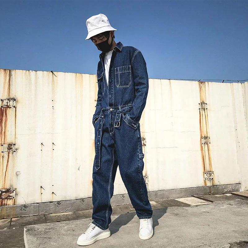 Vintage Jeans Loose Cargo Wide-leg Jeans Japan Korea Blue Denim Jumpsuit Pockets Belt High Street Overalls Trendy Wear