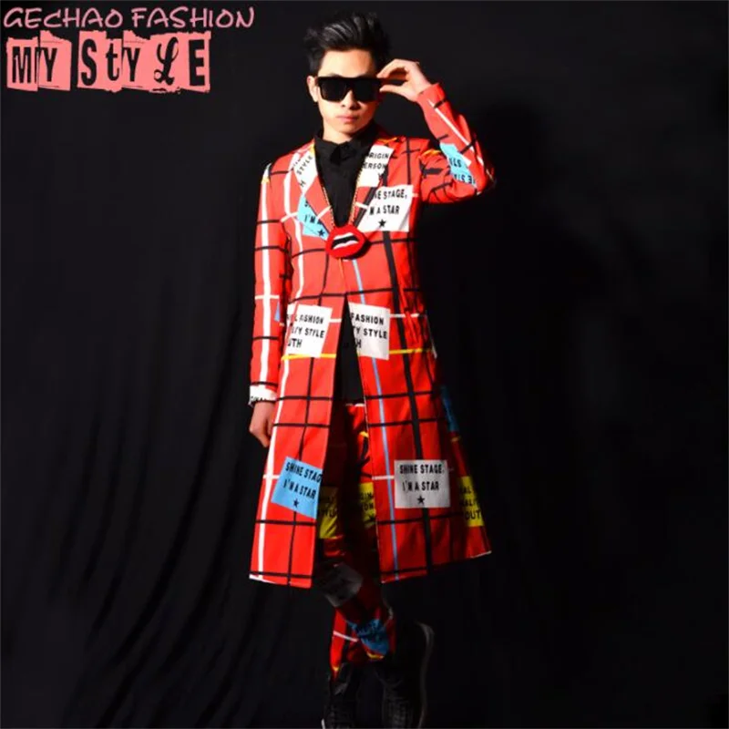 Nightclub long suits mens blazers male singer red line big-name bar costume accessories stage