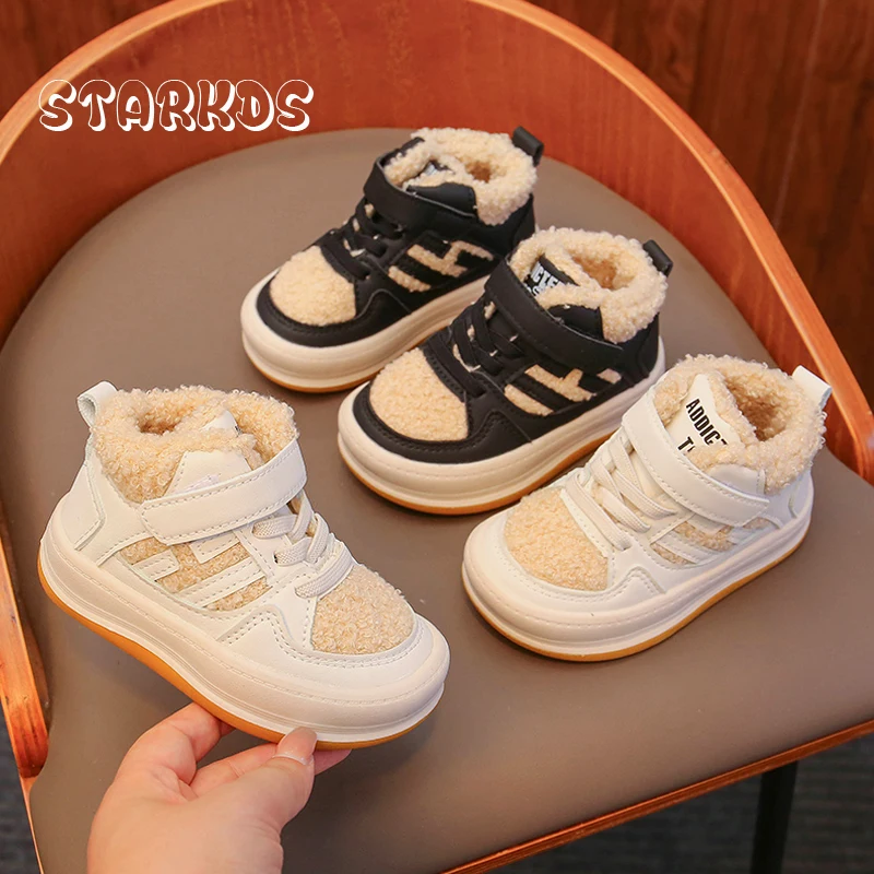 Baby Kids Warm Furry High Top Sneakers Toddler Boys Girls Winter Plush Sport Shoes Children Snow Boots