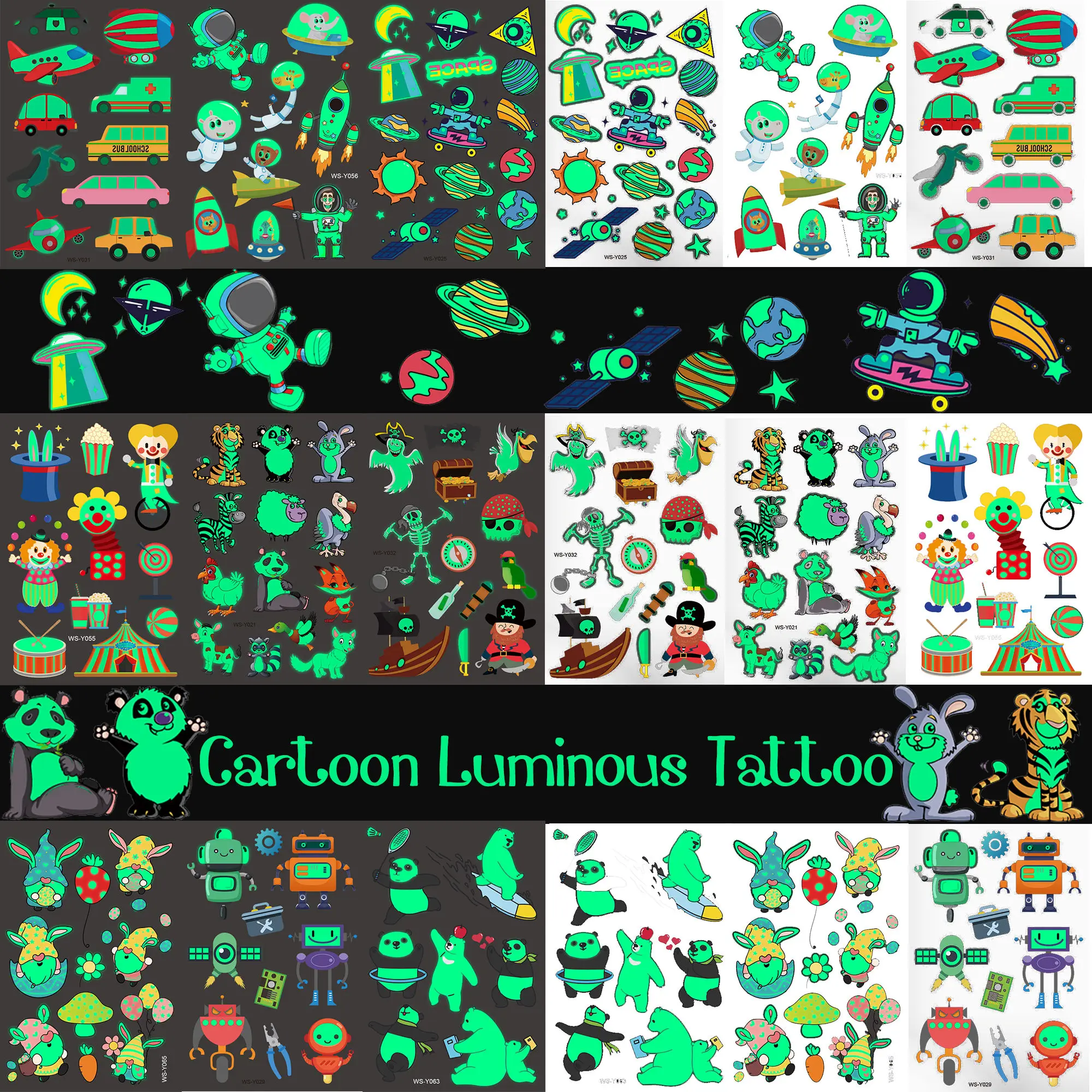 

Glow In Dark Astronaut Temporary Tattoos For Boys Teens Luminous Lion Tiger Pirate Fake Tattoo Sticker Child Body Robot Tatoos