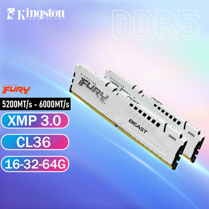 

Kingston Memory DDR5 Beats Fury 5200MT/s 5600MT/s 6000MT/s 16GB 32GB 64GB RAM C36 288pin XMP3.0 Desktop Gaming Memory White