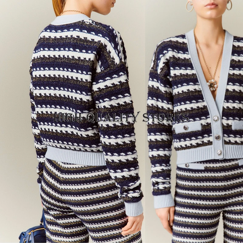 

cropped cardigan knitting Striped cardigan women long sleeve top High end luxury fashion women sweater V-neck double pockets
