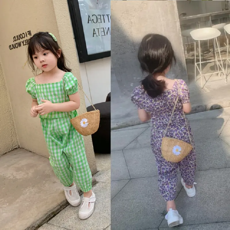 

Girls Suit Plaid Floral U-neck Top and Trousers Two Pieces Sets 2022 Summer Clothes New Children Short Sleeve Cotton Suits