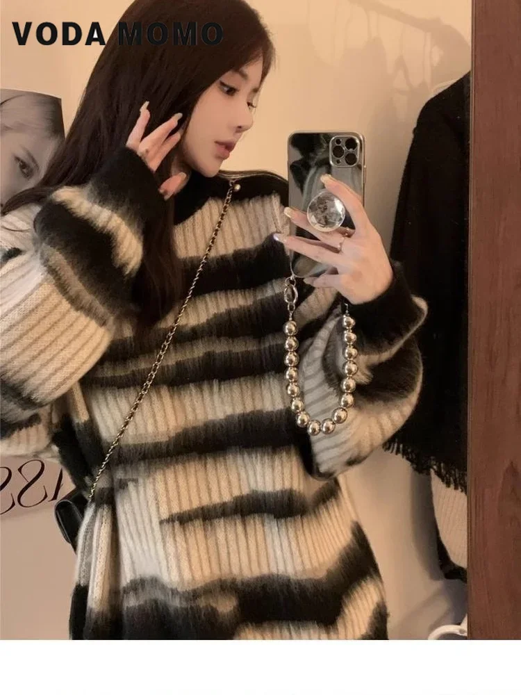 Женский мягкий свободный винтажный вязаный топ на осень-зиму 2023 нежный стиль