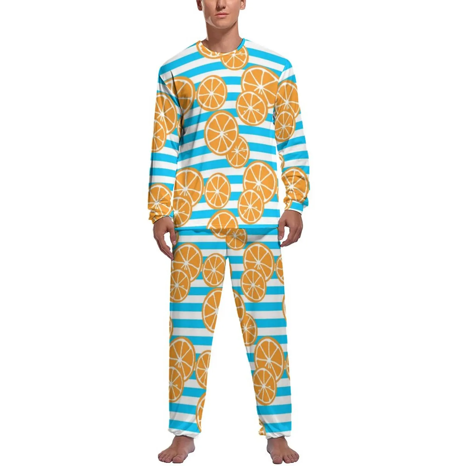 

Oranges Slices Pajamas Autumn White and Blue Stripes Casual Nightwear Men 2 Pieces Printed Long-Sleeve Cute Pajama Sets